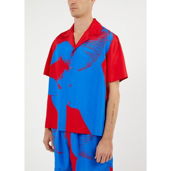 Bottega Veneta Mushroom Print Button Down Short Sleeve Shirt in Blue/Red Size 46 - Picture 3 of 16